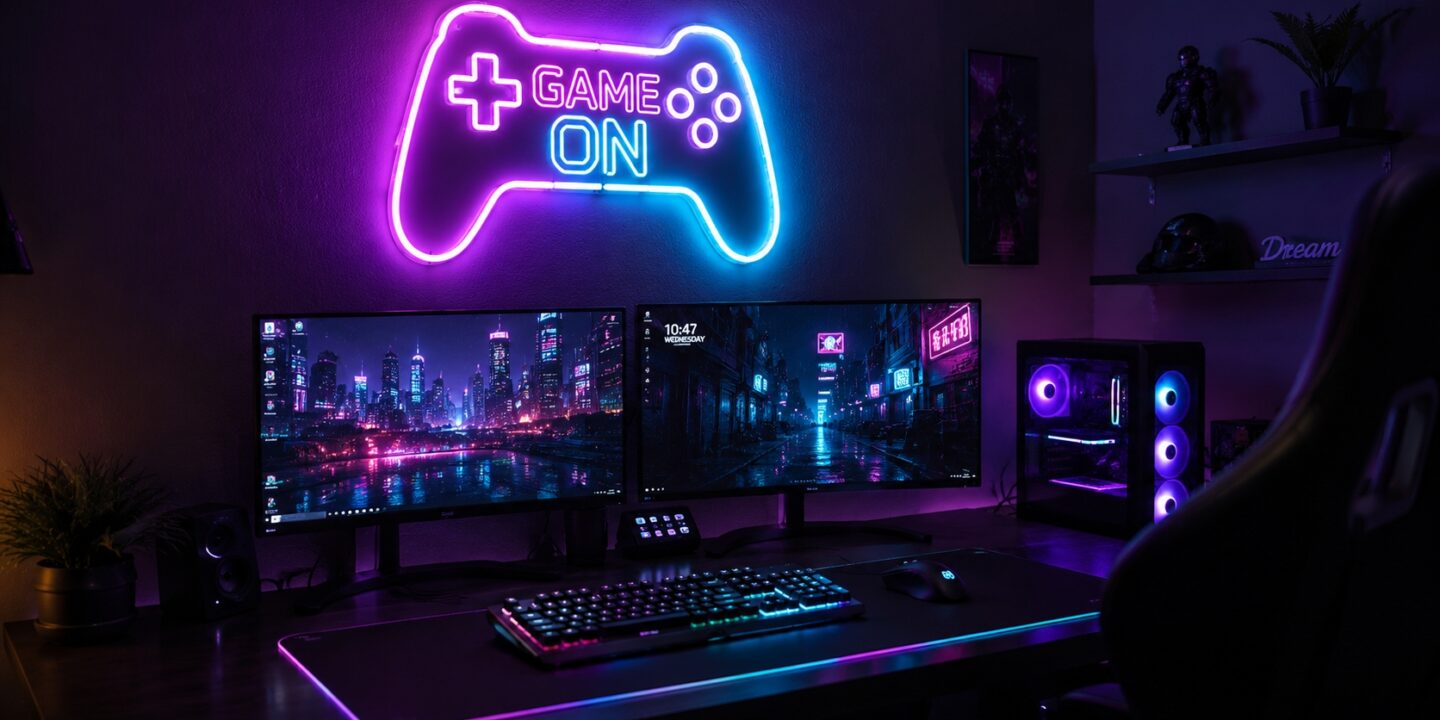 LED neonskilt med controller og Game On over et gamer-setup med RGB-belysning