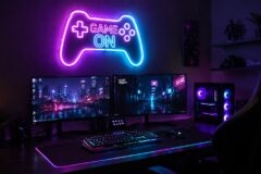 LED neonskilt med controller og Game On over et gamer-setup med RGB-belysning